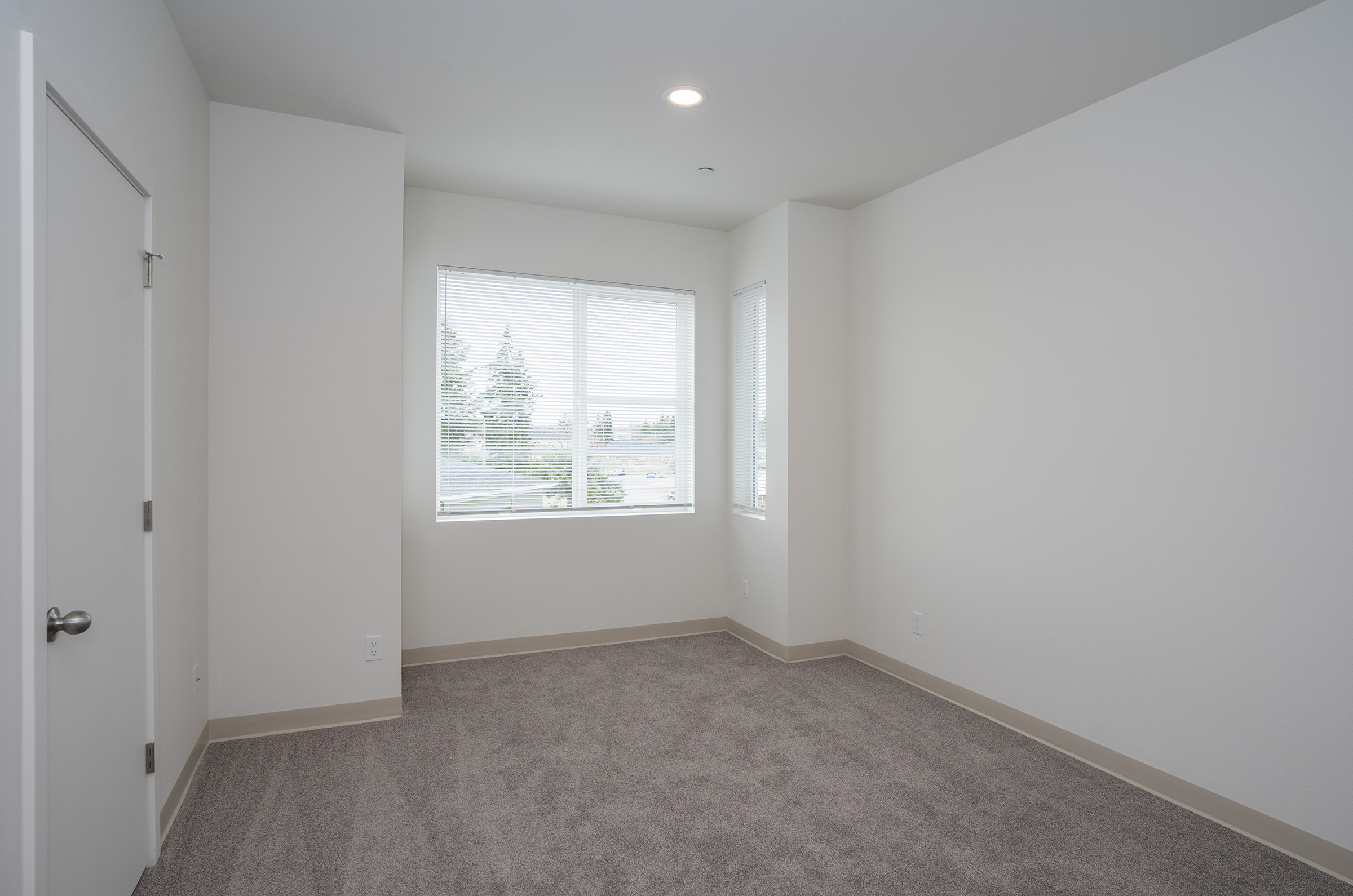 Primary bedroom with corner windows and plush carpet — 2 bedroom townhome in Lakewood WA